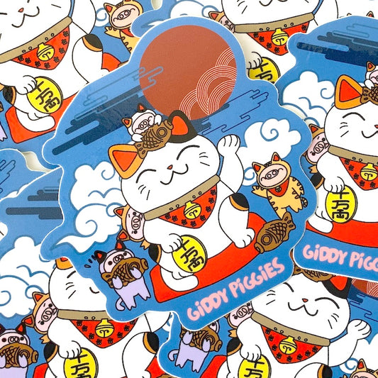 Giddy Piggies Lucky Cat Glossy Sticker