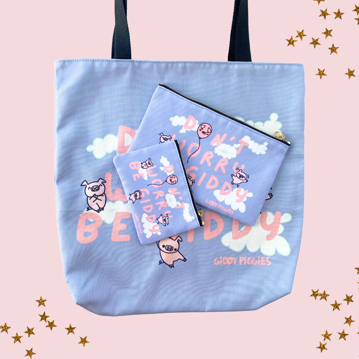 Don't Worry Be Giddy Tote Bag and Zipper Pouch Set