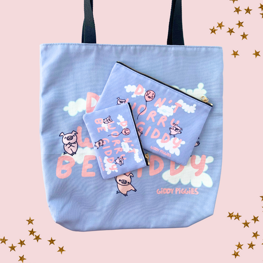 Don't Worry Be Giddy Tote Bag and Zipper Pouch Set