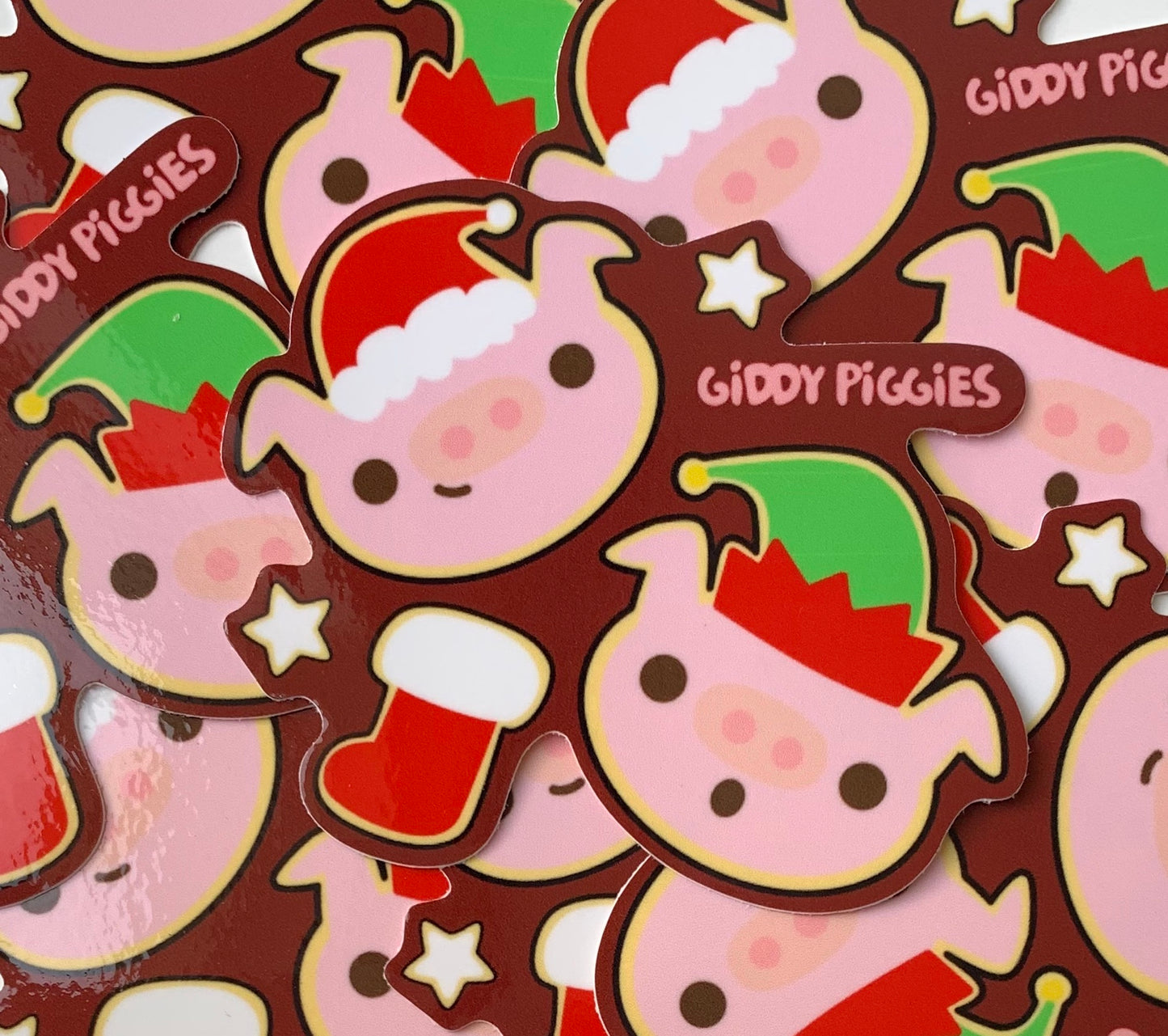 Giddy Piggies Christmas Santa & Elf Cookie Glossy Sticker