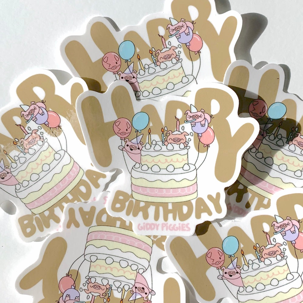 Giddy Piggies Happy Birthday Glossy Sticker