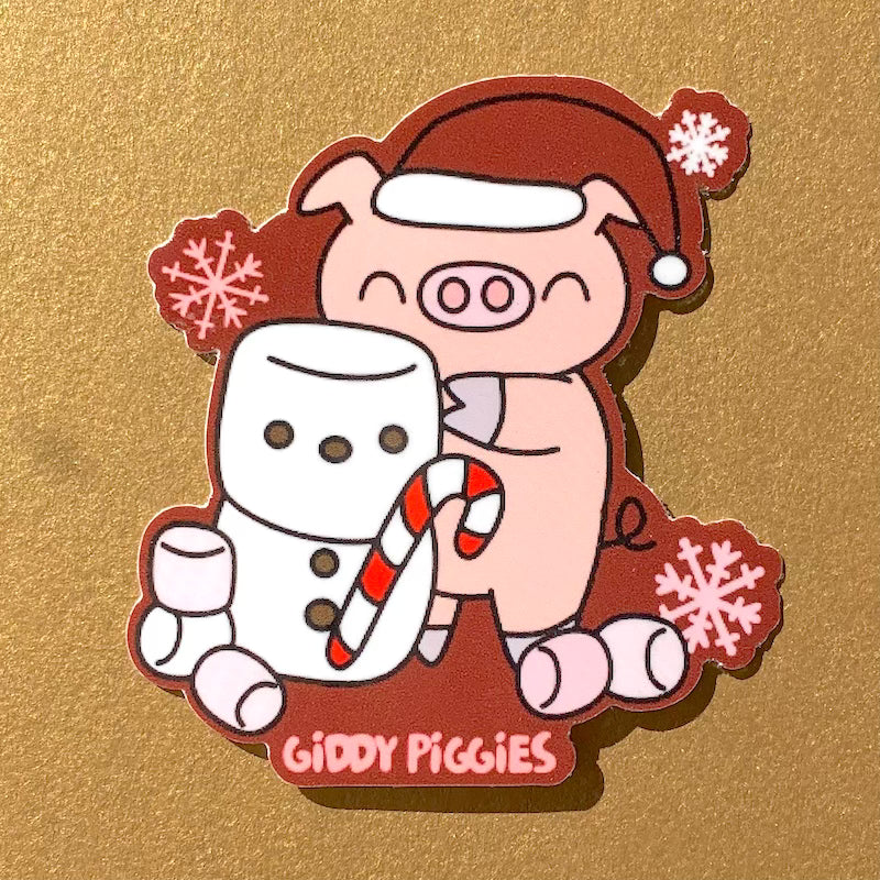 Giddy Piggies Marshmallow Snowman Glossy Sticker