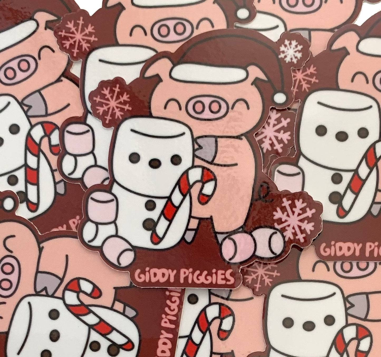 Giddy Piggies Marshmallow Snowman Glossy Sticker