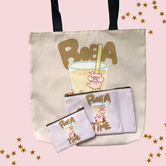 Boba Time Tote Bag and Zipper Pouch Set
