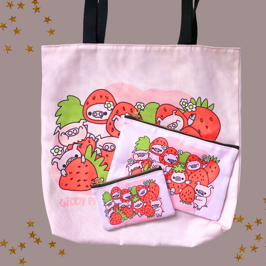 Strawberry Craze Tote Bag and Zipper Pouch Set