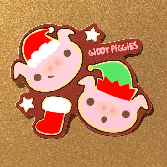 Giddy Piggies Christmas Santa & Elf Cookie Glossy Sticker